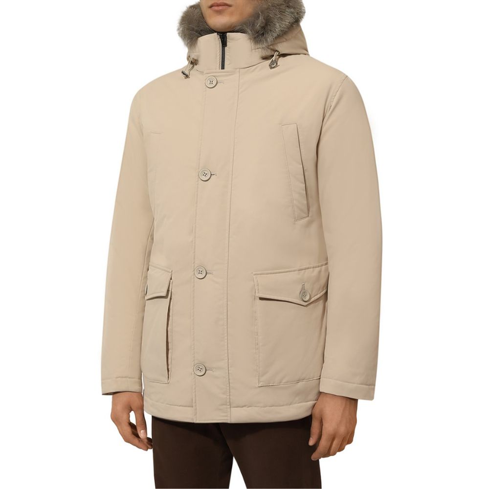 Herno Beige Nylon Men Jacket with Fur-Trimmed Hood
