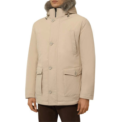 Herno Beige Nylon Men Jacket with Fur-Trimmed Hood