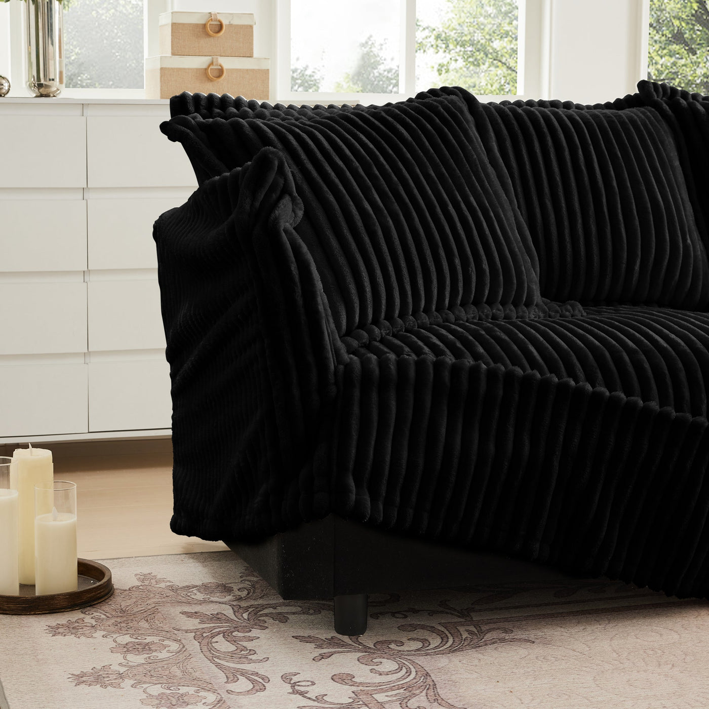 Slipcovered Long Sofa, 4 Seater Sofa with Removable Cover, Extra Deep Couch for Living Room, Corduroy Fabric Cloud Like Comfy Sofa Couch, Black Corduroy Fabric