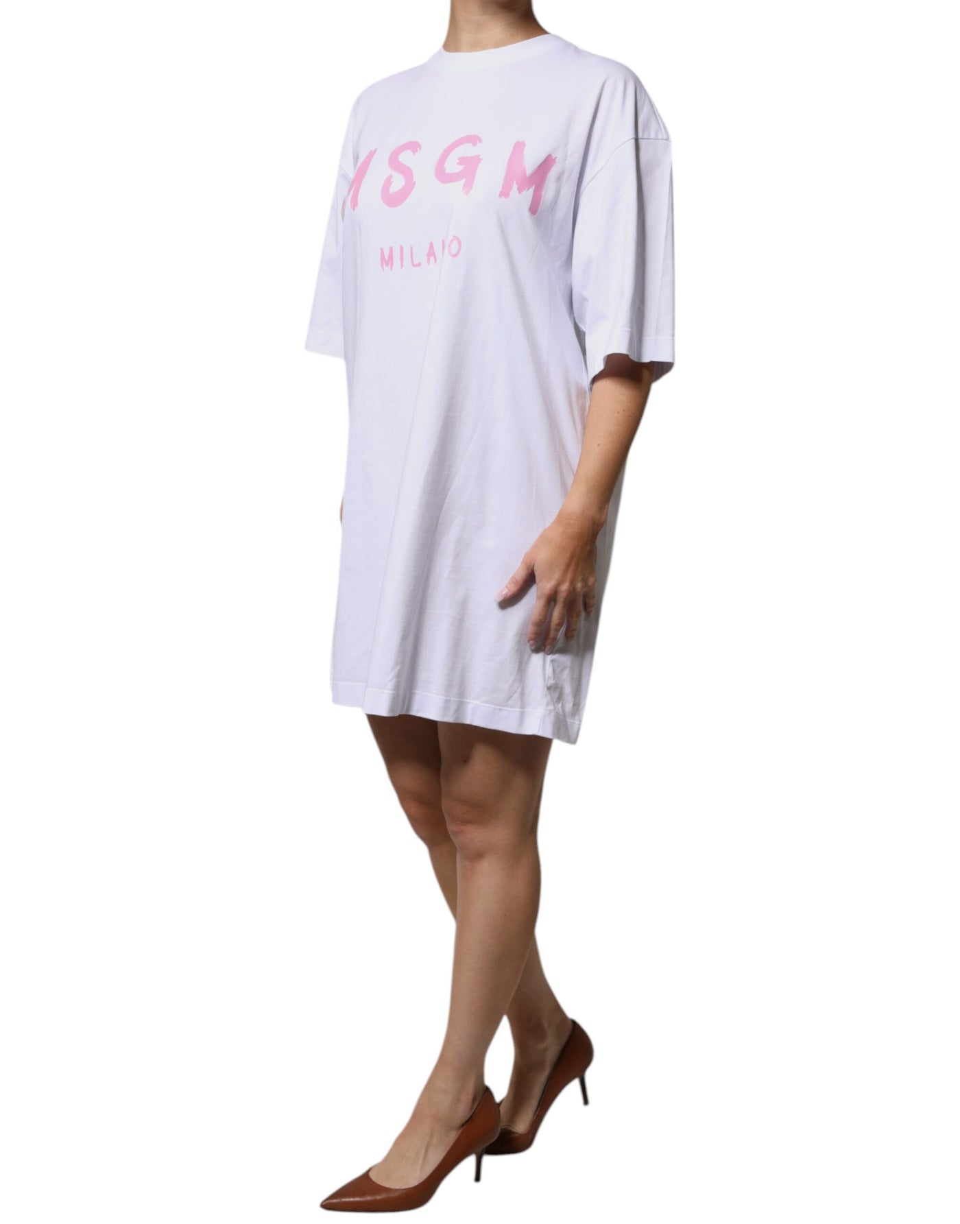 MSGM White Logo Print Cotton T-shirt Short Sleeves Mini Dress