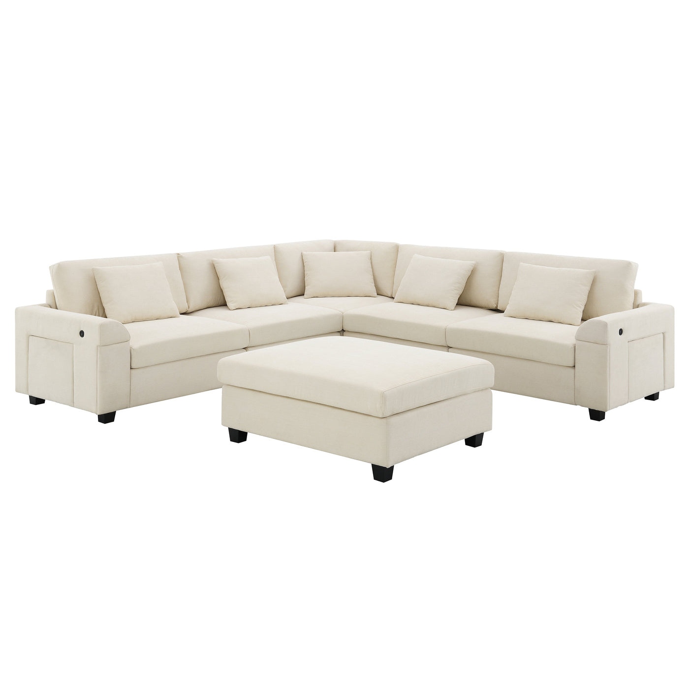 Chenille U Shaped Sectional Sofa with Ottoman, Storage, Cup Holders, and USB Ports, Off White, 128*67'