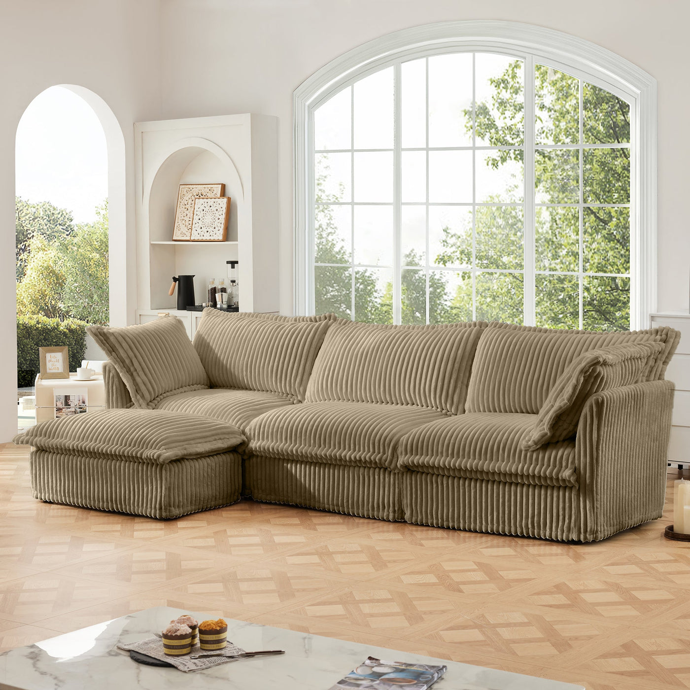 L-Shaped Slipcovered Sectional Sofa Couch, Comfy Deep Seat Cloud Couch with Convertible Ottoman & 2 Big Pillows, Modern Oversized 3 Seater Slipcovered Sofa Set for Living Room Office, Camel Corduroy