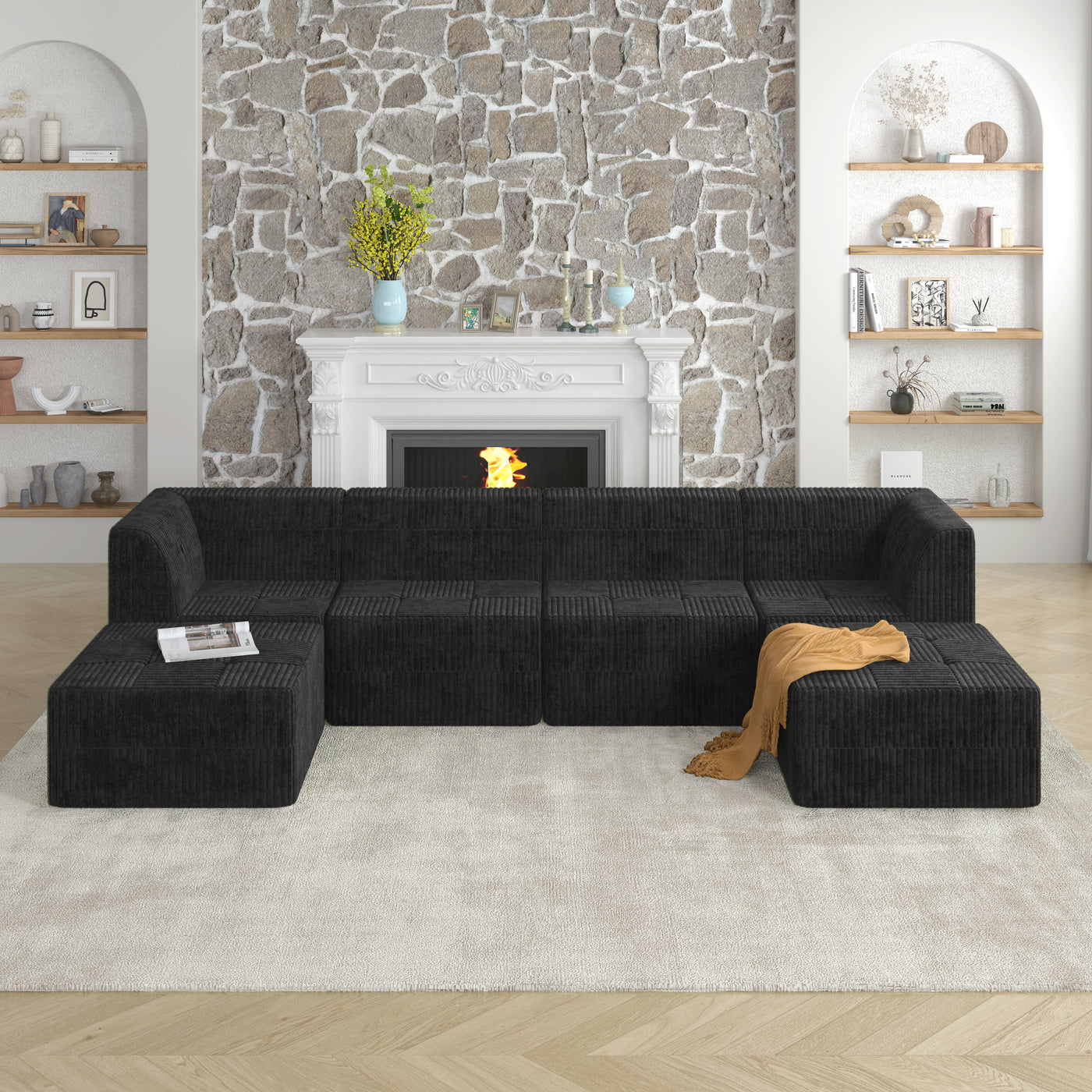 U shape Modular Sectional Sofa, Compressed Sectional Sofa Modern Minimalist Style Corduroy Couch, Sleeper Sofa for Living Room, Bedroom, Comfy Compressed Sofa Couch Space-Efficient Design-black