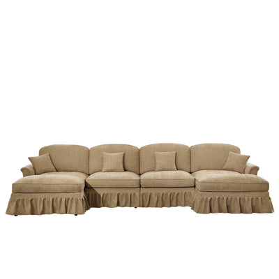 Classic U Shape 4 Seater Modular Sectional Sofa Couch with Flared Arms and Removable Ruffles Pleats Skirts and Spindle Legs, Chenille Deep Seat Cloud Sofa with Movable Ottomans, Light Coffee
