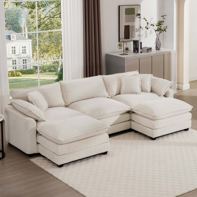 Oversized Modular Cushion Sofa with Ottomans, Comfy Upholstered U-Shaped Convertible Corner Sectional Sofa, Light Beige Corduroy