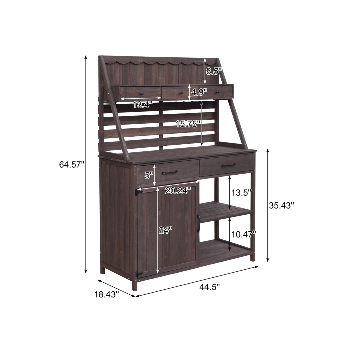 Brown Fir Wood Potting Bench - 5-Drawer Garden Workstation with Slatted Back Panel & Storage Cabinet