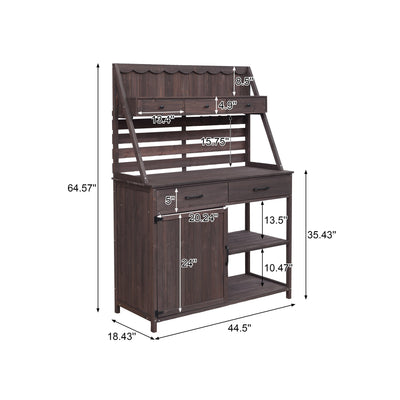Brown Fir Wood Potting Bench - 5-Drawer Garden Workstation with Slatted Back Panel & Storage Cabinet