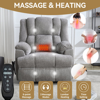 Dual Motor Heat Massage Infinite Position Up to 350 LBS Electric Power Lift Recliners with Power-Remote, Medium-firm and Heavy Duty, Light Grey