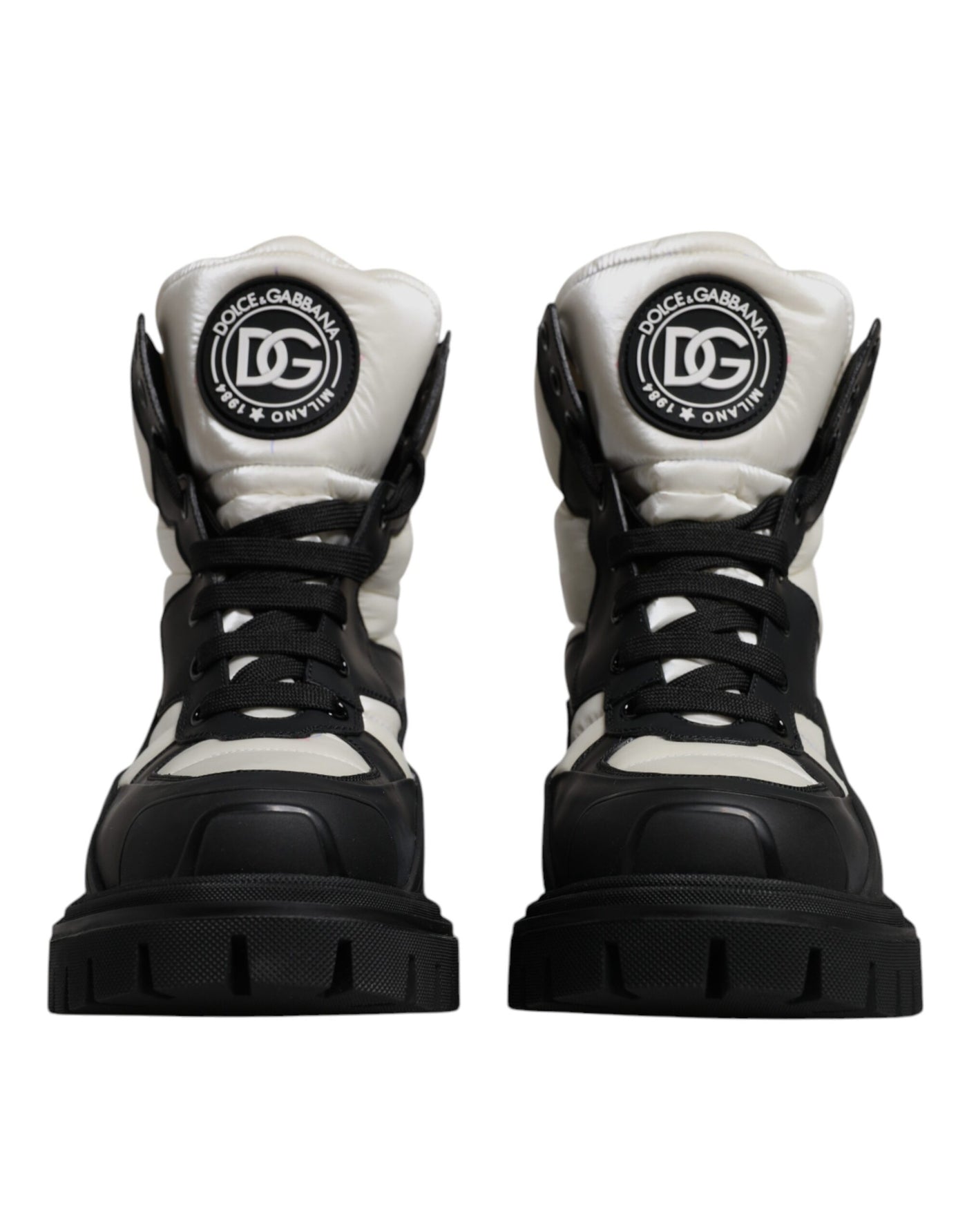 Dolce & Gabbana Black White Padded Mid Calf Lace Up Boots Shoes