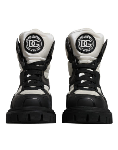 Dolce & Gabbana Black White Padded Mid Calf Lace Up Boots Shoes