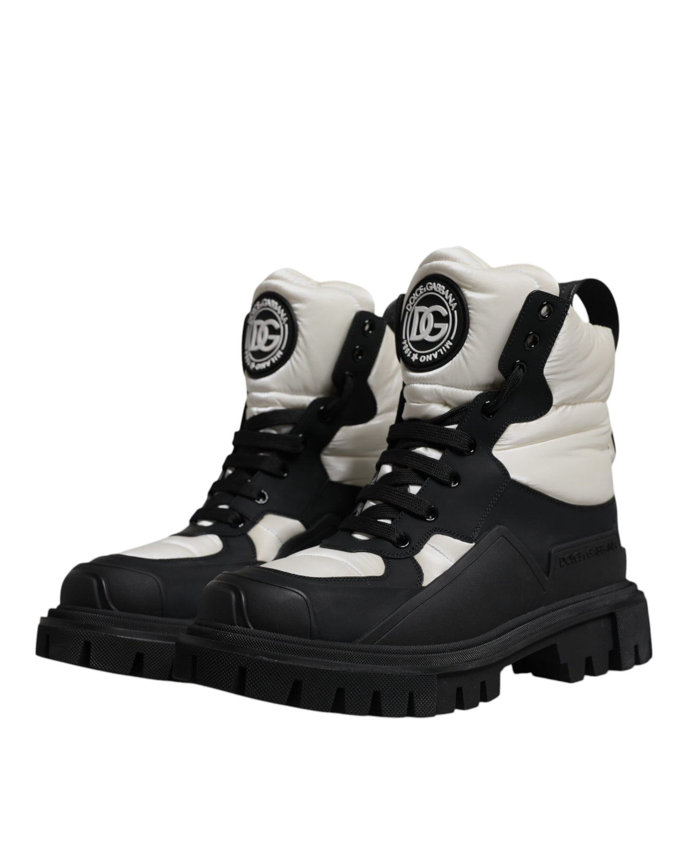 Dolce & Gabbana Black White Padded Mid Calf Lace Up Boots Shoes
