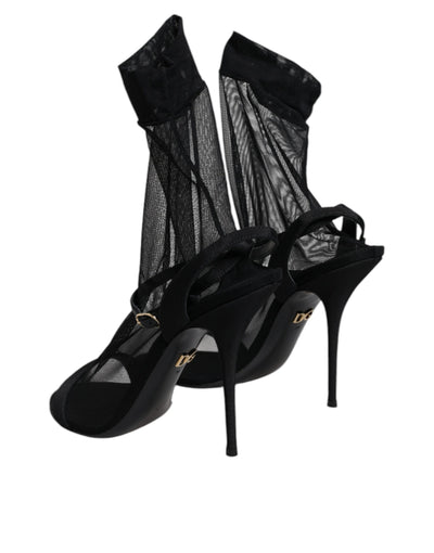 Dolce & Gabbana Black Tulle Stretch Heels Sandals Shoes