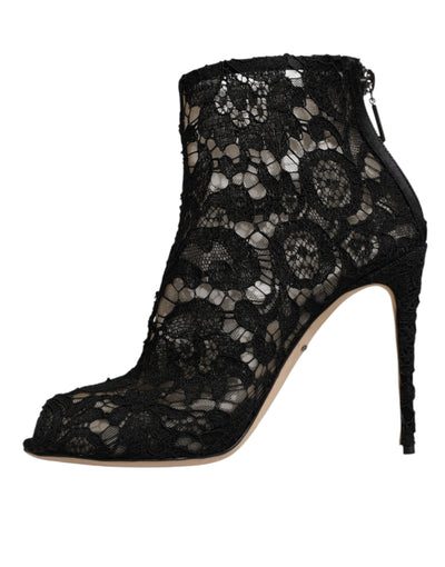 Dolce & Gabbana Black Floral Lace Heels Ankle Boots Shoes