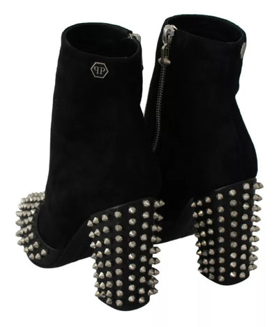Philipp Plein Black Suede Studded Heels Ankle Boots Shoes