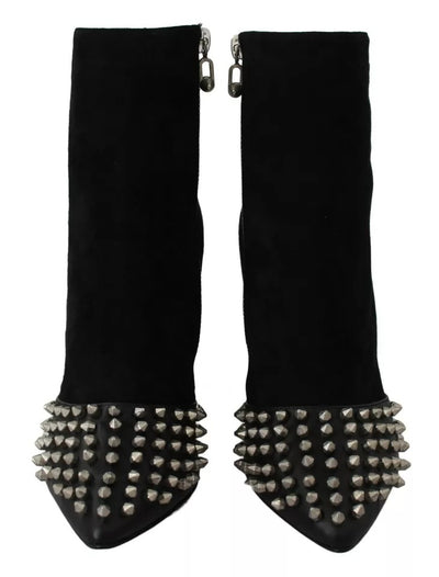 Philipp Plein Black Suede Studded Heels Ankle Boots Shoes