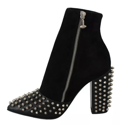 Philipp Plein Black Suede Studded Heels Ankle Boots Shoes