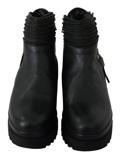Ovyé Black Leather Zipper Ankle Boots Shoes
