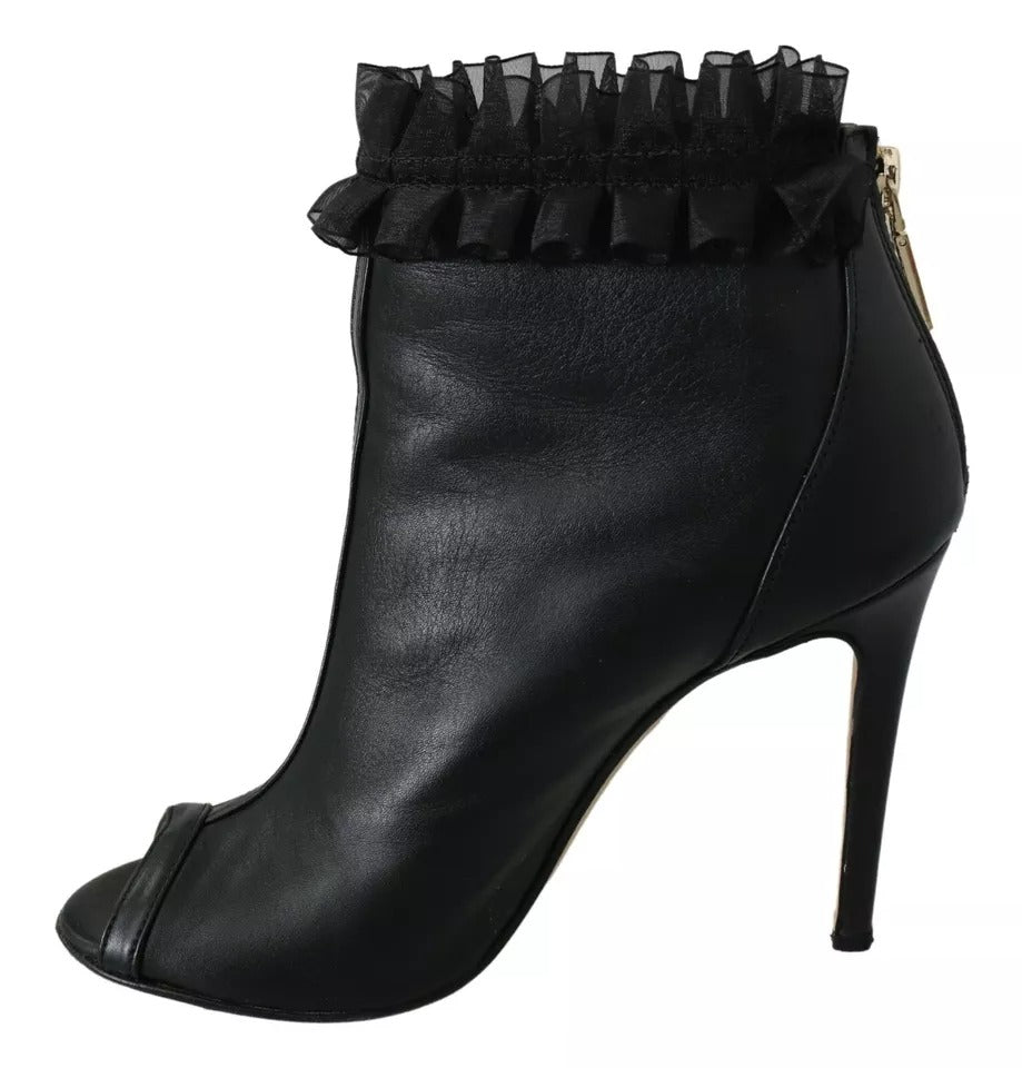 Mangano Black Leather Mesh Stiletto High Heels Peep Toe Boots Shoes