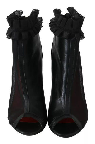 Mangano Black Leather Mesh Stiletto High Heels Peep Toe Boots Shoes