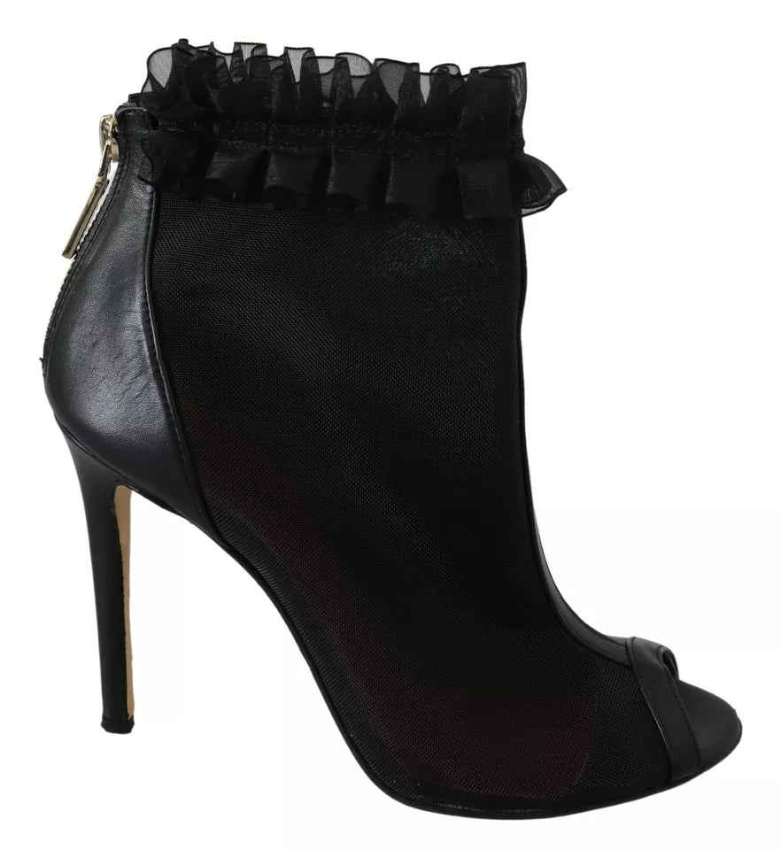 Mangano Black Leather Mesh Stiletto High Heels Peep Toe Boots Shoes