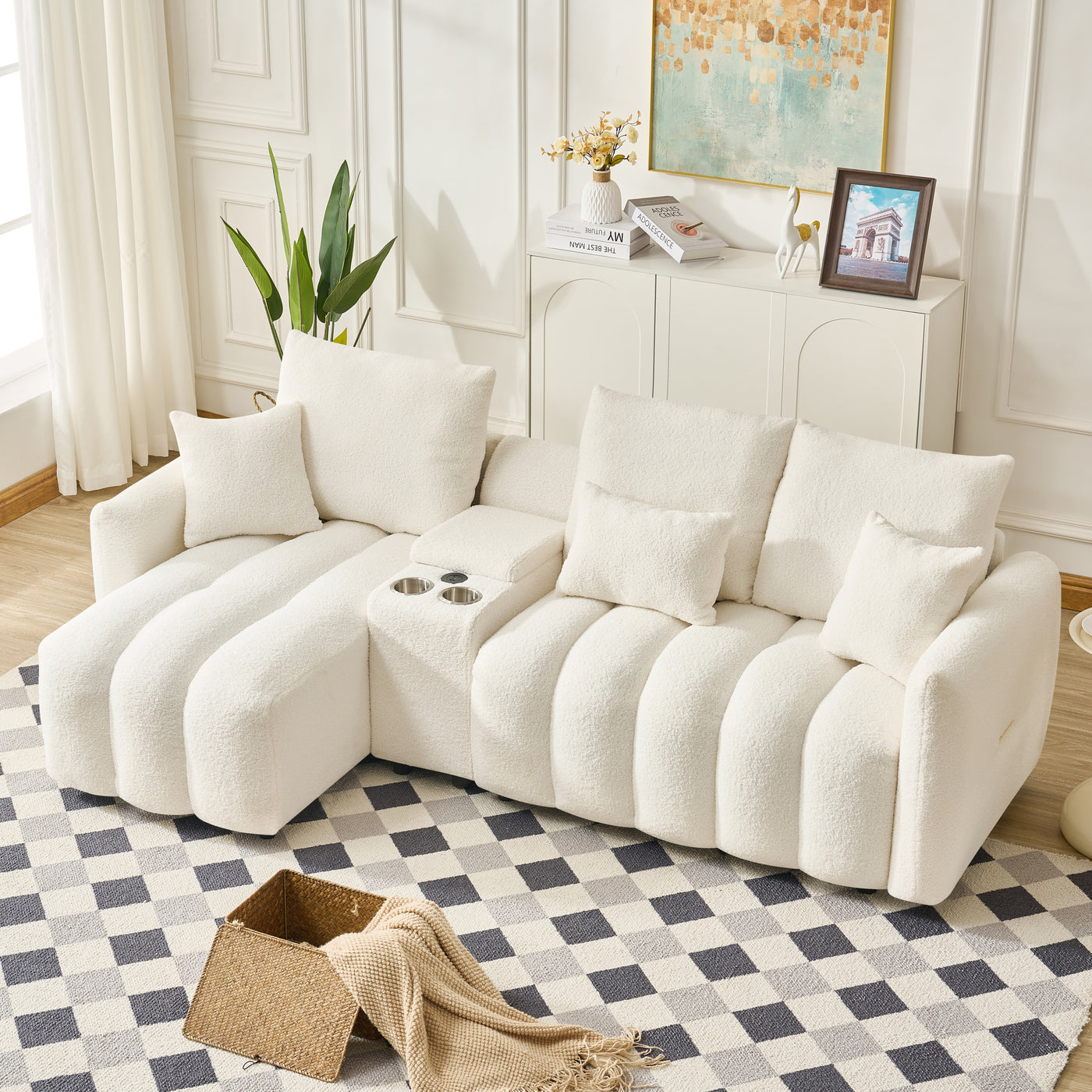 92-inch high-quality teddy fur fabric corner sofa, with USB port, center console and coffee table. A super large cushioned sofa, suitable for grand living rooms, apartments and offices.