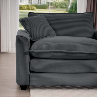 Contemporary Corduroy Two-Seater Sofa with Ottoman, Grey, Ideal for Small Spaces