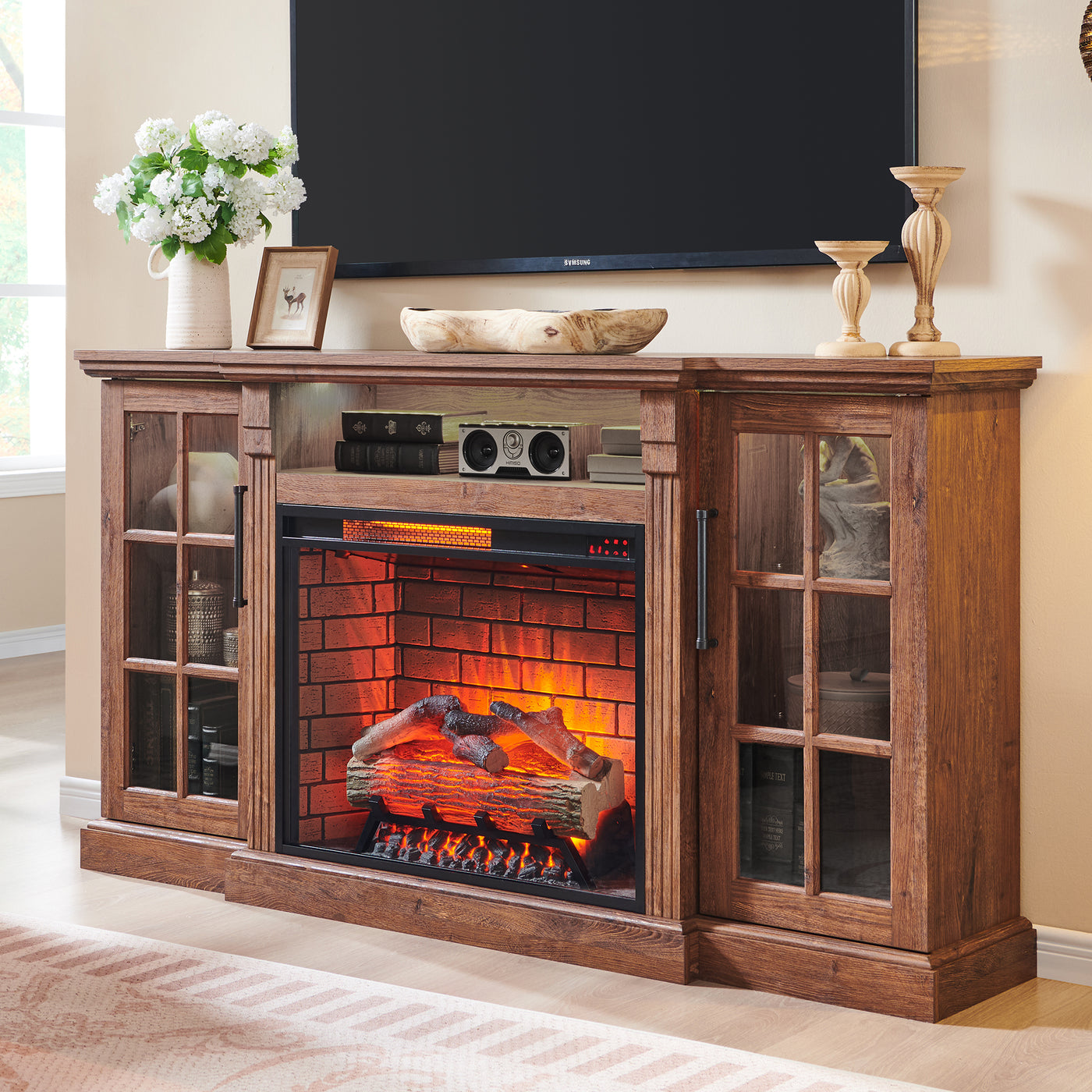 65' Fireplace TV Stand for TVs up to 75',with 28' Electric Fireplace and LED Light