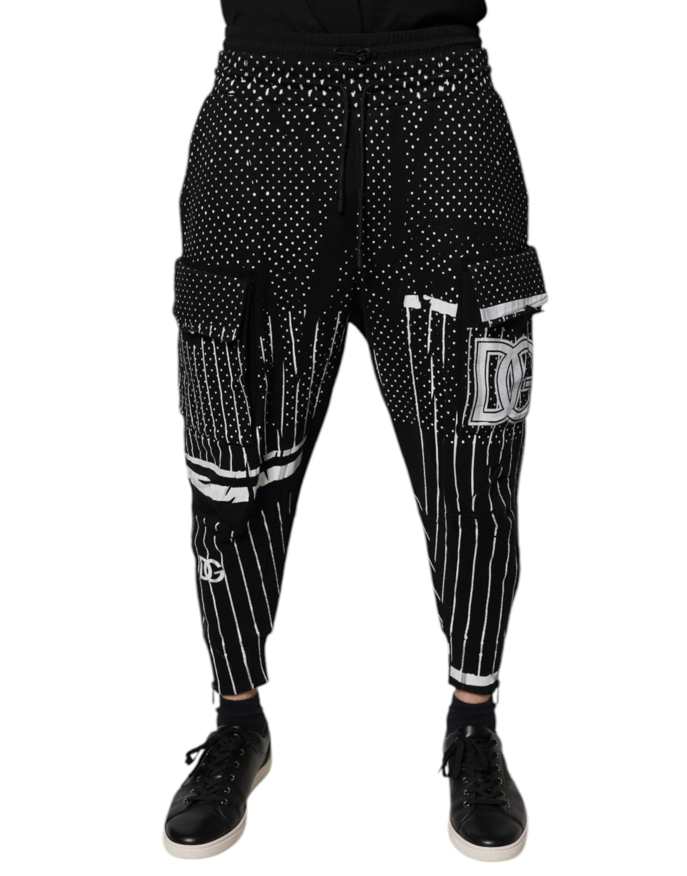Dolce & Gabbana Black Polka Dot Stripes Cargo Jogger Sweatpants Pants