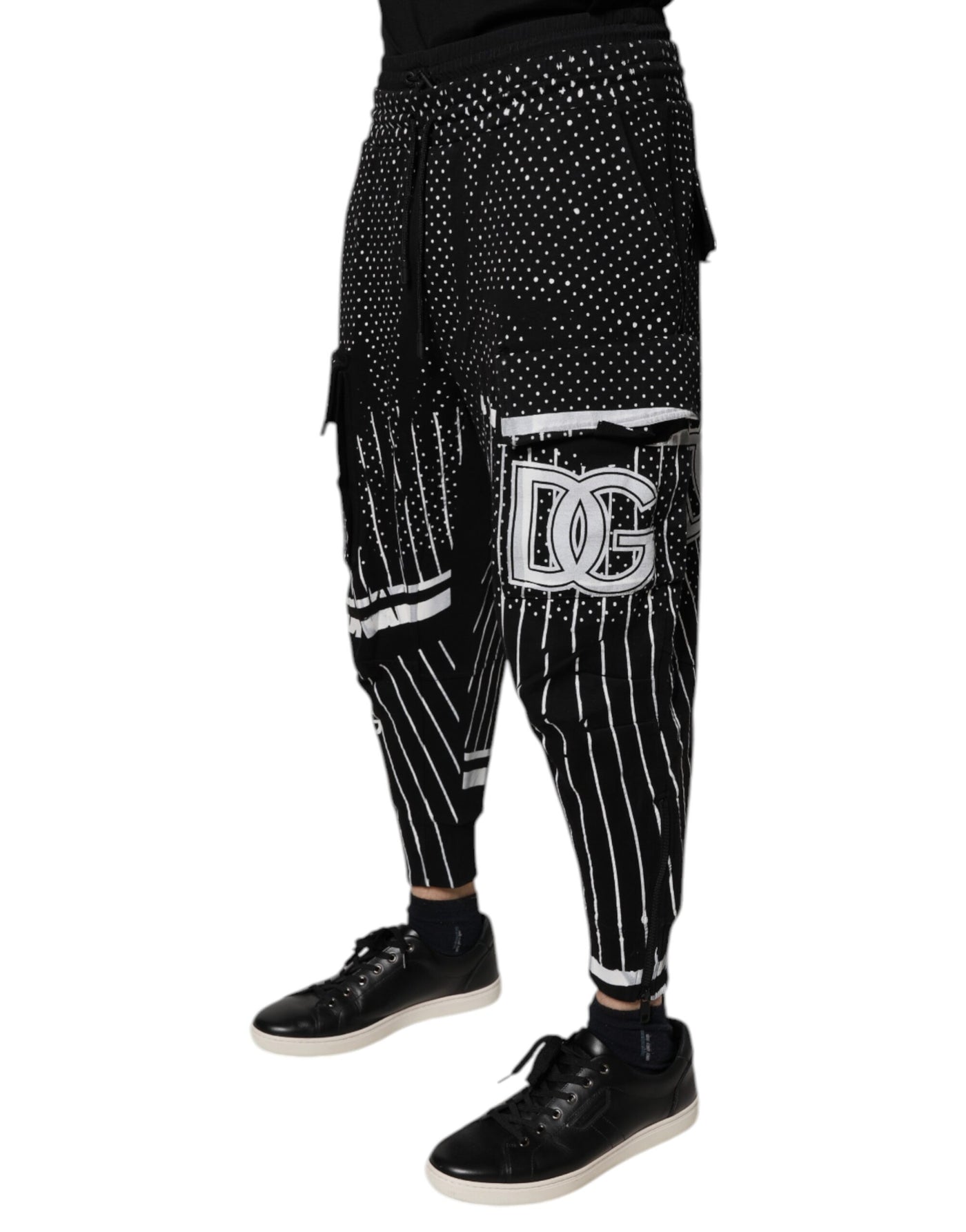 Dolce & Gabbana Black Polka Dot Stripes Cargo Jogger Sweatpants Pants