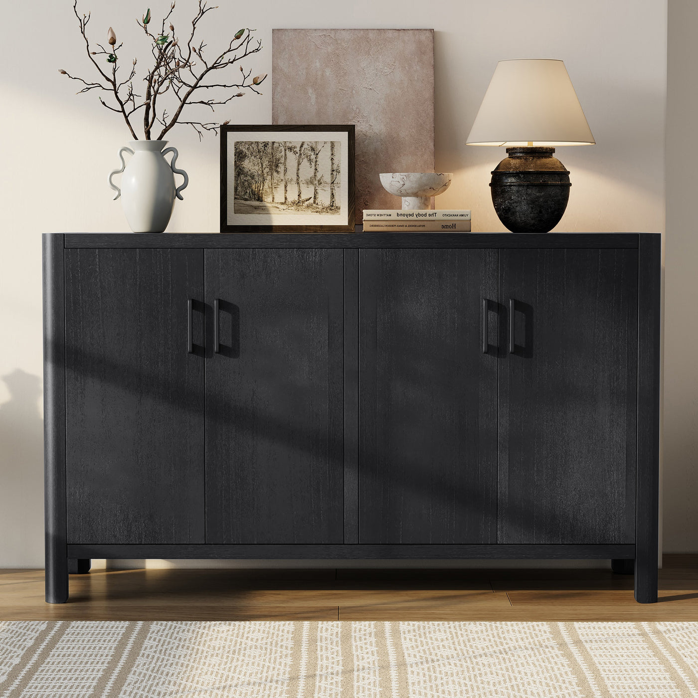 Mirod Farmhouse Style 4-Door Cabinet with Natural Finish, A Rustic Accent for Entryways or Small Spaces