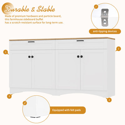 ON-TREND Farmhouse TV Stand with 2 Drawers for TVs Up to 70', Versatile Wood Grain Sideboard with Adjustable Shelves, Mid-Century Buffet Cabinet with Rustic Handles for Living Room/Bedroom, White