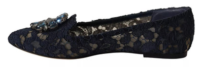 Dolce & Gabbana Blue Crystal Loafer Lace Ballet Flats Shoes