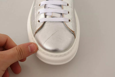 Patrizia Pepe Silver Full Grain Leather Lace Up Sneakers Shoes