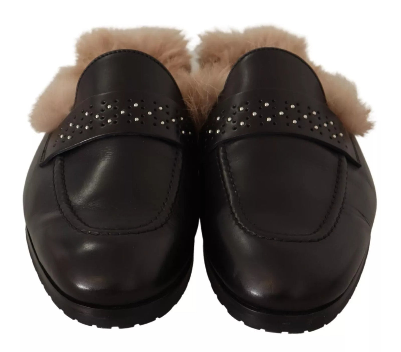 Peserico Black Leather Fur Perforated Slip On Flats Shoes