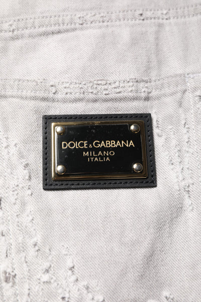 Dolce & Gabbana Light Gray Tattered Men Denim Bermuda Shorts