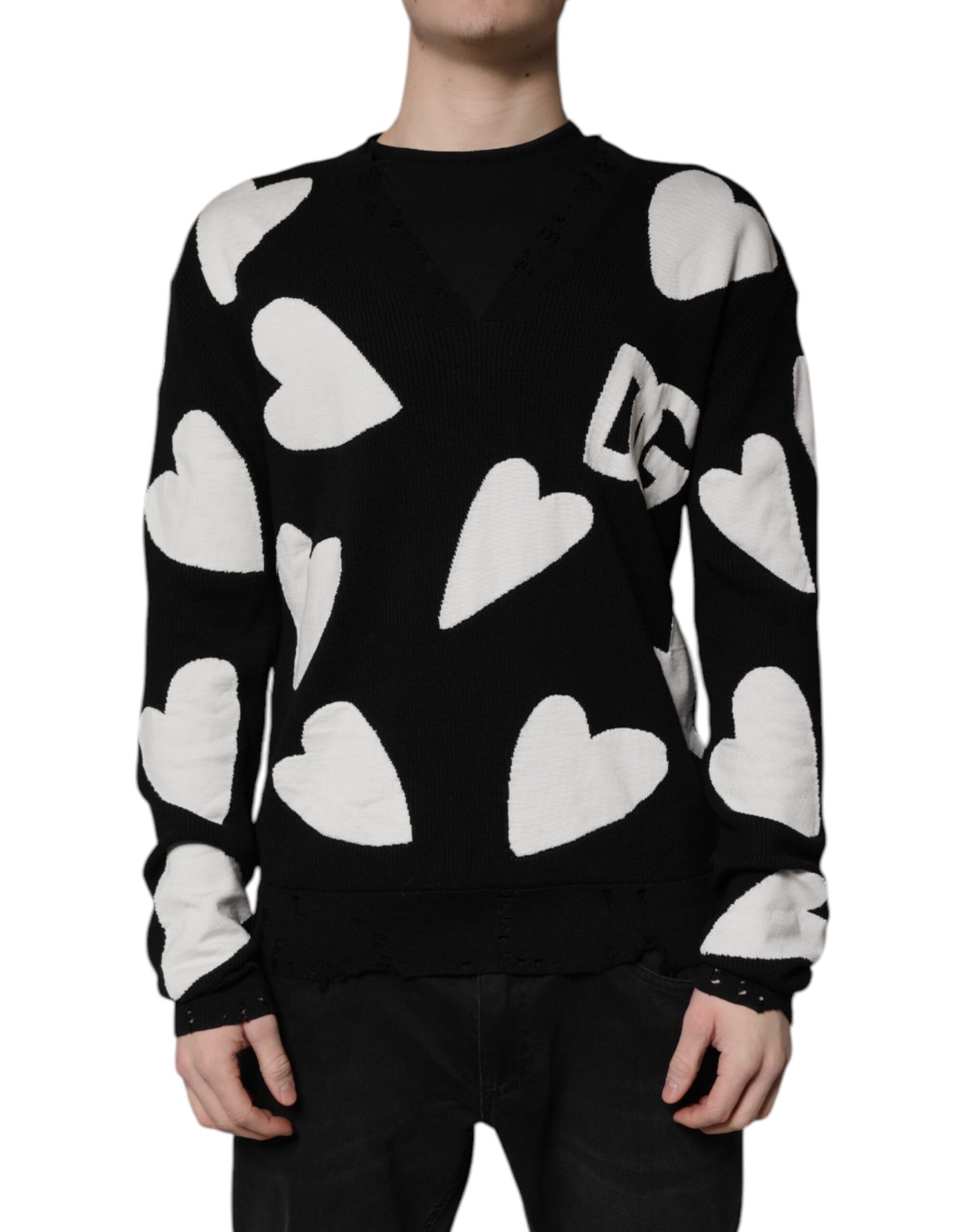 Dolce & Gabbana Black Hearts Silk Crew Neck Pullover Sweater