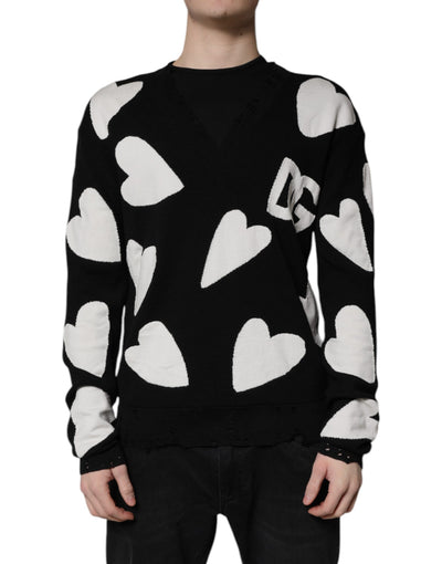 Dolce & Gabbana Black Hearts Silk Crew Neck Pullover Sweater