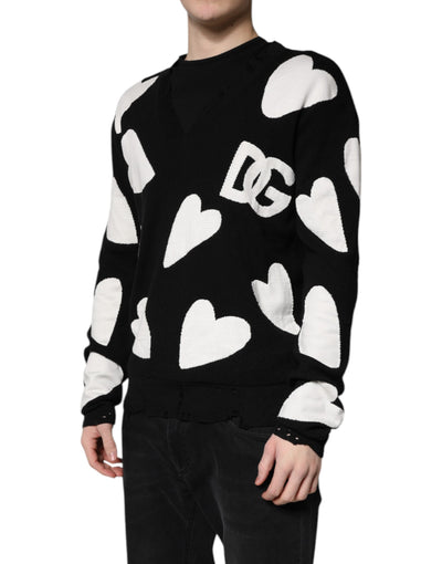 Dolce & Gabbana Black Hearts Silk Crew Neck Pullover Sweater