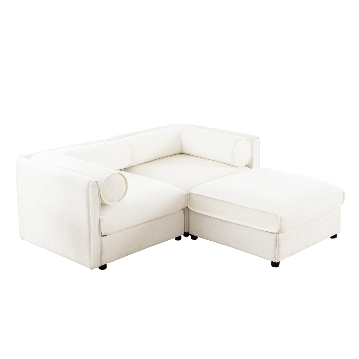 Stylish Modern Fabric 2-Seater Sofa with Ottoman Storage, White Chenille, Cylindrical Backrest and Armrests