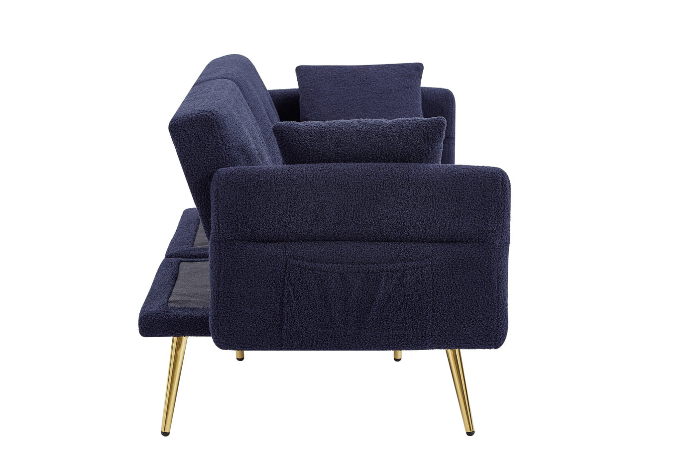 Modern Teddy Upholstered Accent Loveseat Sofa With Side Pocket,Folding Sleeper Sofa Bed With Foldable Armrest , Adjustable Backrest and Golden Metal Legs for Living Room,Dark Blue
