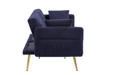 Modern Teddy Upholstered Accent Loveseat Sofa With Side Pocket,Folding Sleeper Sofa Bed With Foldable Armrest , Adjustable Backrest and Golden Metal Legs for Living Room,Dark Blue