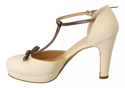 SERGIO LEVANTESI Beige T-Strap Block Heels Pumps Leather Shoes