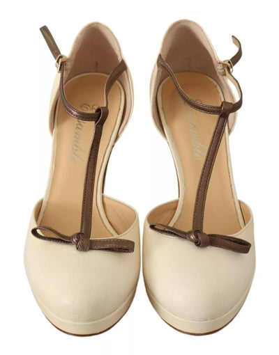 SERGIO LEVANTESI Beige T-Strap Block Heels Pumps Leather Shoes