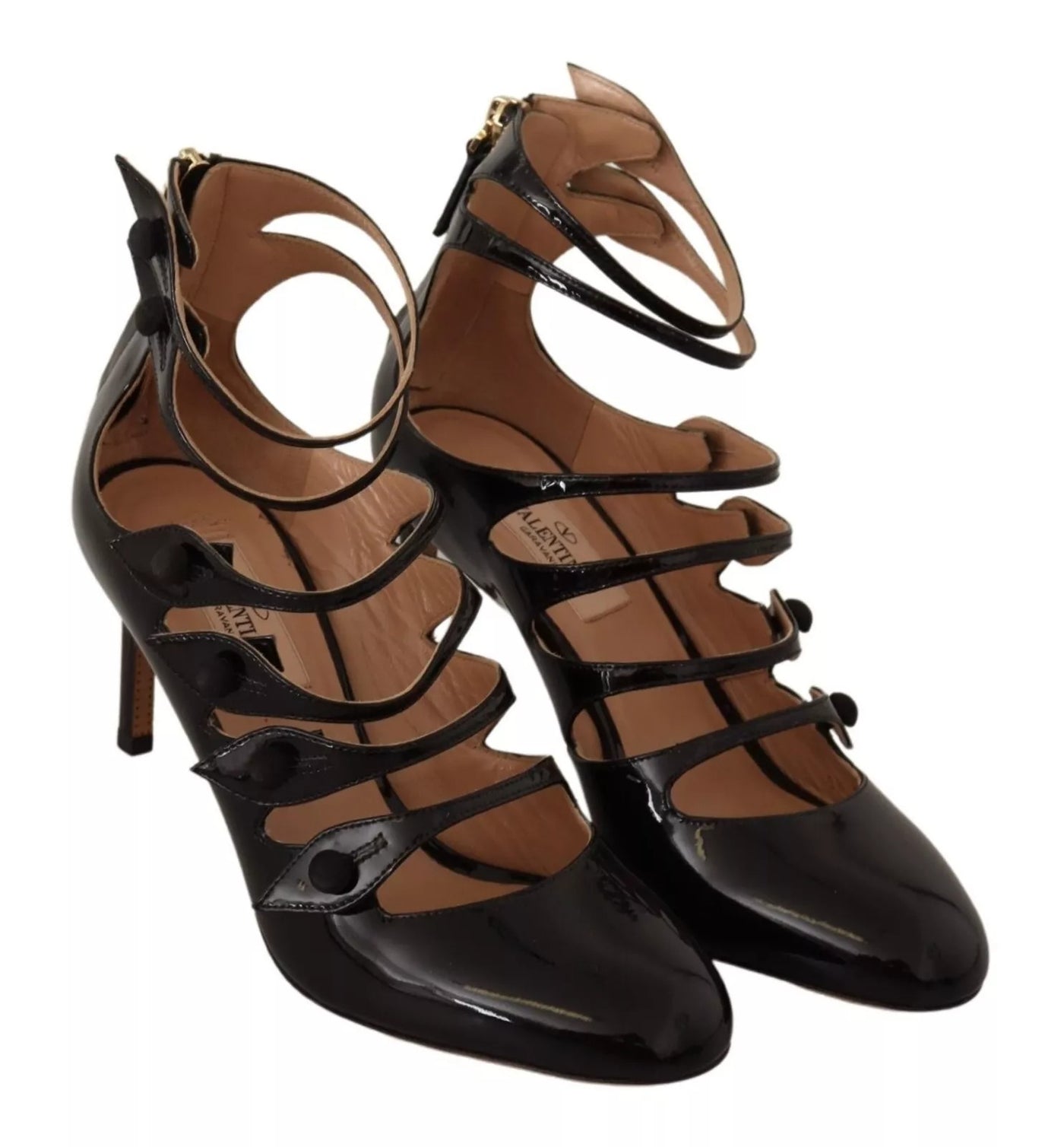 Valentino Black Multi Strap Leather Mid Heels Pumps Shoes