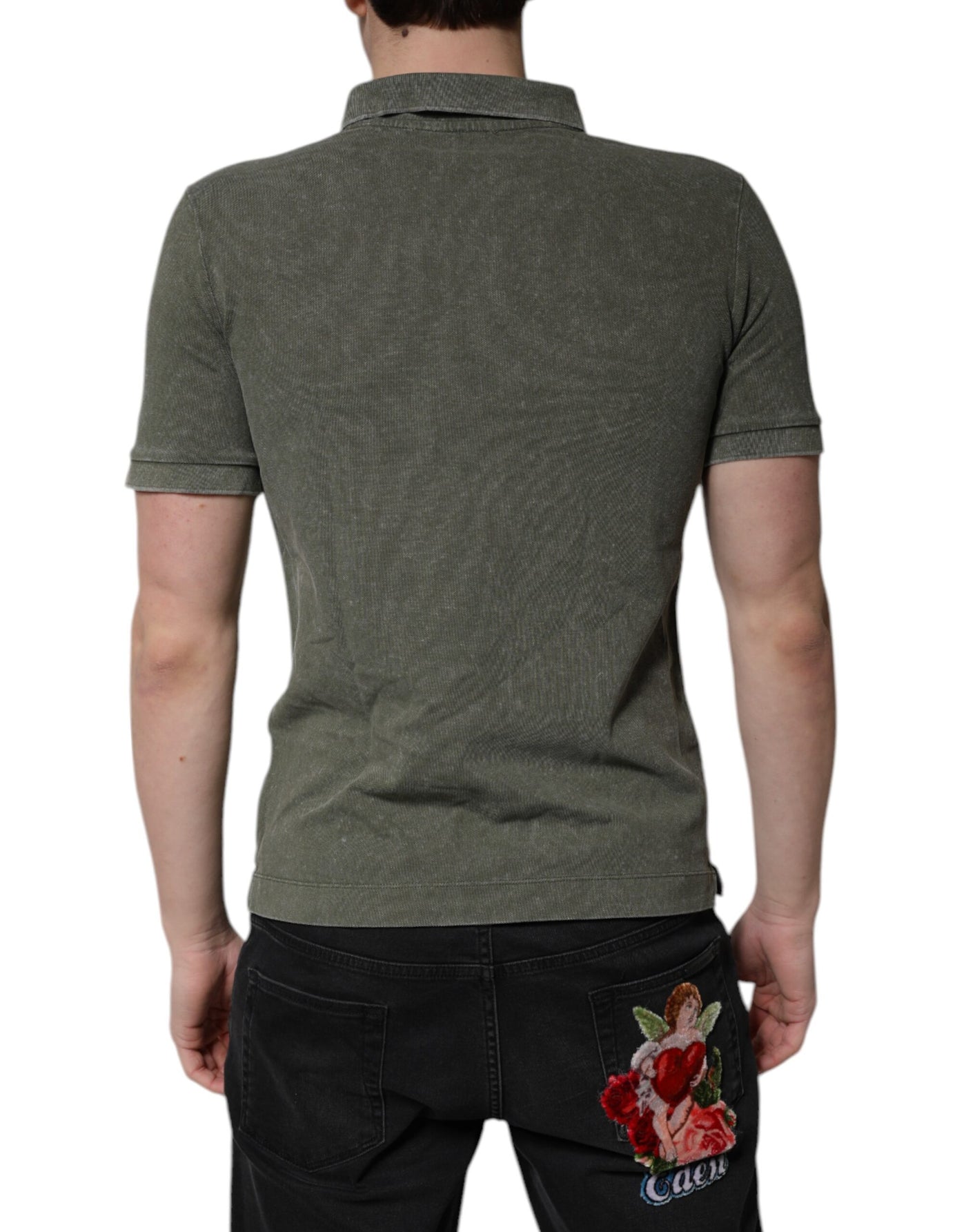 Dolce & Gabbana Army Green Logo Plaque Cotton Polo Shirt T-shirt
