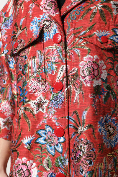 Dolce & Gabbana Red Floral Jacquard Button Down Coat Jacket