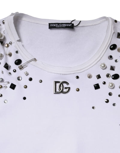 Dolce & Gabbana White Embellished Long Sleeve Cropped Sweater