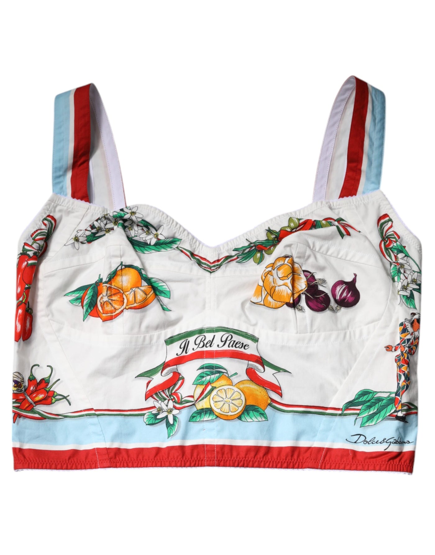 Dolce & Gabbana White Vegetable Print Sweetheart Cropped Top