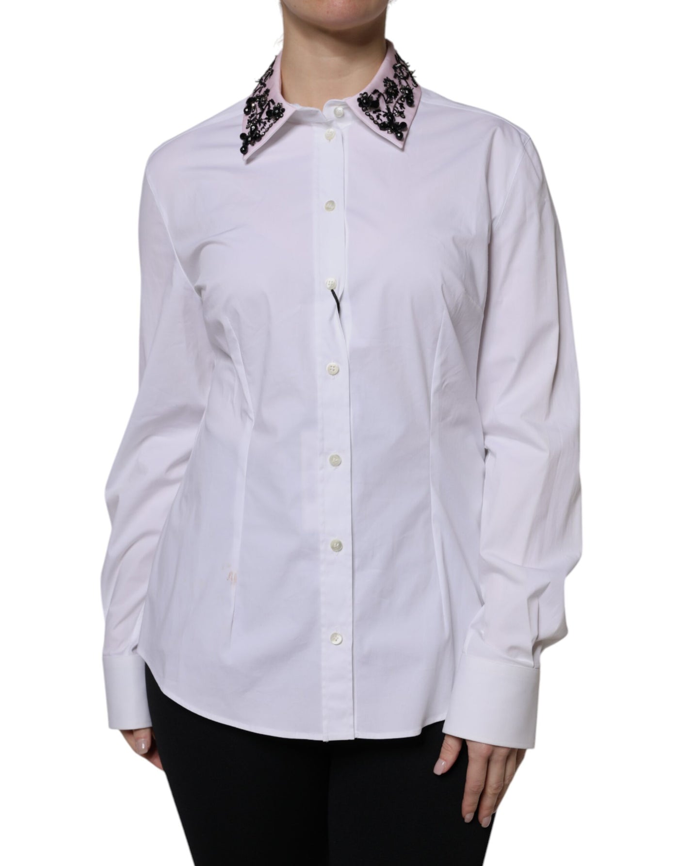 Dolce & Gabbana White Embellished Collared Dress Shirt Top