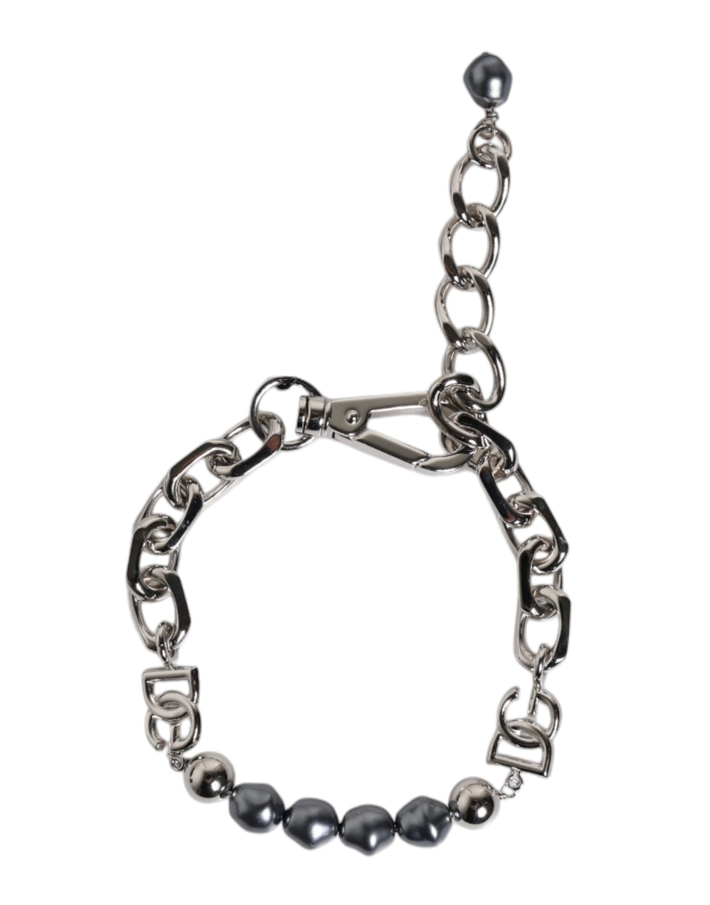 Dolce & Gabbana Silver Tone Chain Lobster Clasp Logo Gray Pearls Bracelet